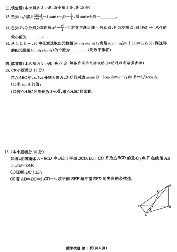 湖南2025届高三九校联考数学试卷 答案